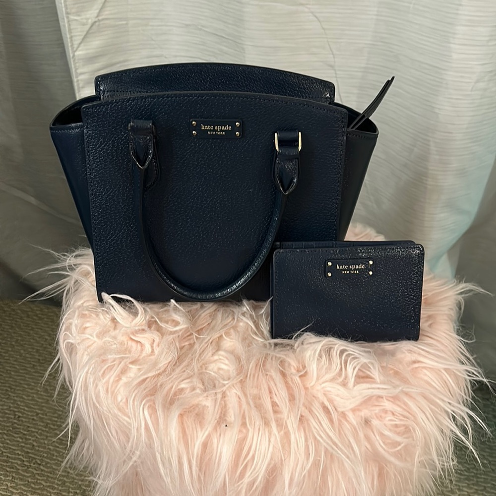 Kate Spade Jeanne Satchel Navy leather purse & matching wallet